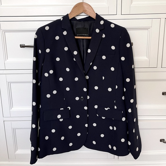 Banana Republic Navy Blue White Polka Dot Blazer (size 8) - Picture 1 of 8